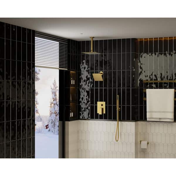 Crozet 1-Handle 3-Spray Ceiling Mount Dual Shower Head Handheld Shower Head 2.5 GPM in Brushed Gold (Valve Included)