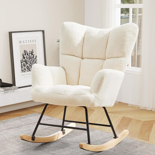 WONDER COMFORT Ivory Teddy Fabric Rocking Chair Nursery, Reading Accent Chair with High Backrest for Living Room