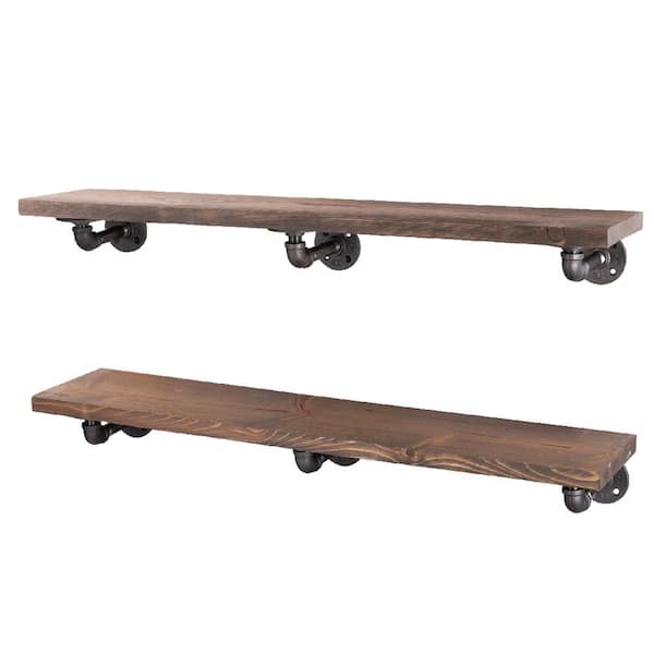 PIPE DECOR 36 in. x 7.5 in. x 6.75 in. Sunset Brown Restore Wood Decorative Wall Shelf with Industrial Steel Pipe L- Brackets