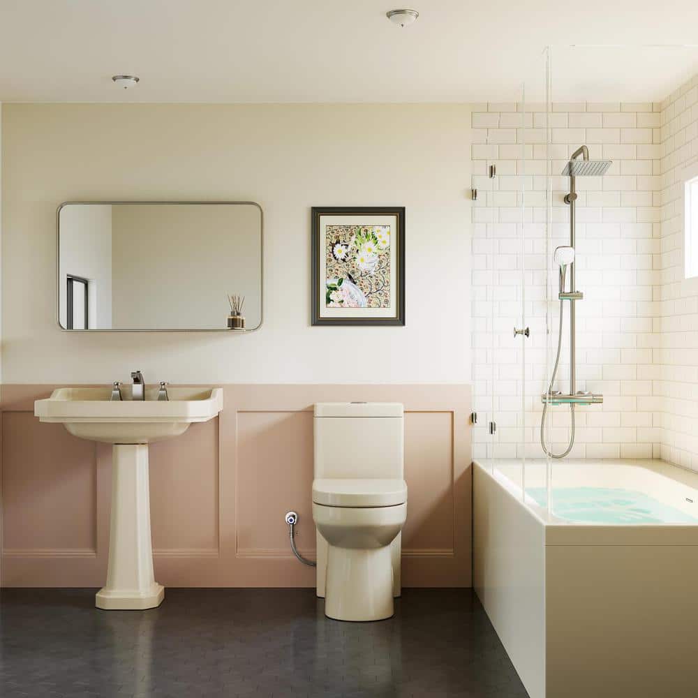 Compact Bisque One-Piece Dual Flush Toilet with Soft Close Seat