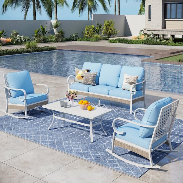 PHI VILLA Metal 4-Piece Steel Outdoor Patio Conversation Set With Rocking Chairs, Blue Cushions and Table With Marble Pattern Top