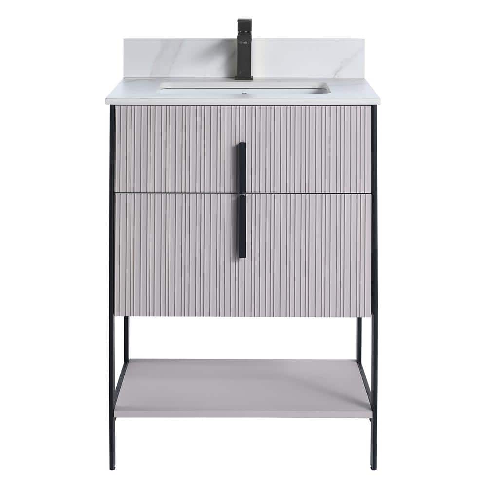 24 in. W x 18 in. D x 33.5 in. H Bright Taupe Bath Vanity with White Carrara Sintered Stone Top with Black Hardware price history on PriceWatchPro