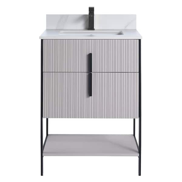 FINE FIXTURES 24 in. W x 18 in. D x 33.5 in. H Bright Taupe Bath Vanity with White Carrara Sintered Stone Top with Black Hardware