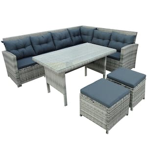 6-Piece Gray Wicker Patio Outdoor Sectional Sofa Set with Gray Cushions, Ottomans and 1 Glass Top Table