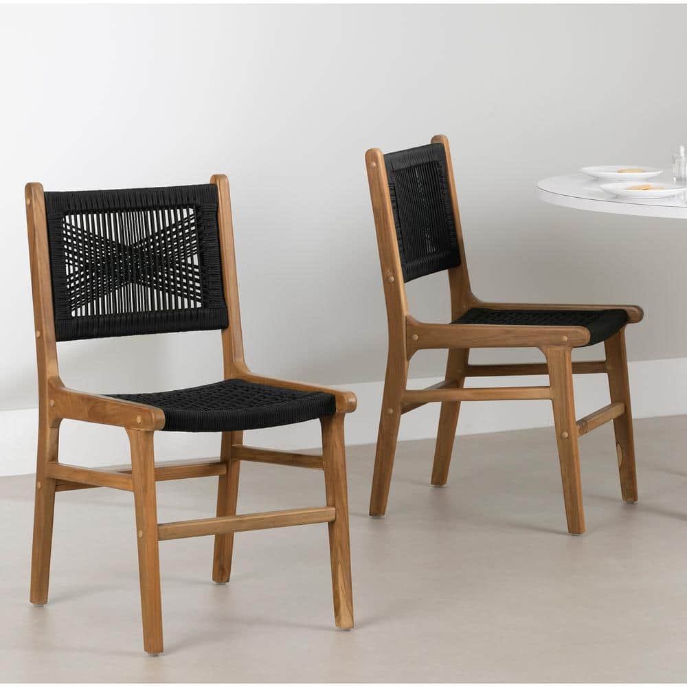 Rattan and Teak Low Back Dining Side Chair Set