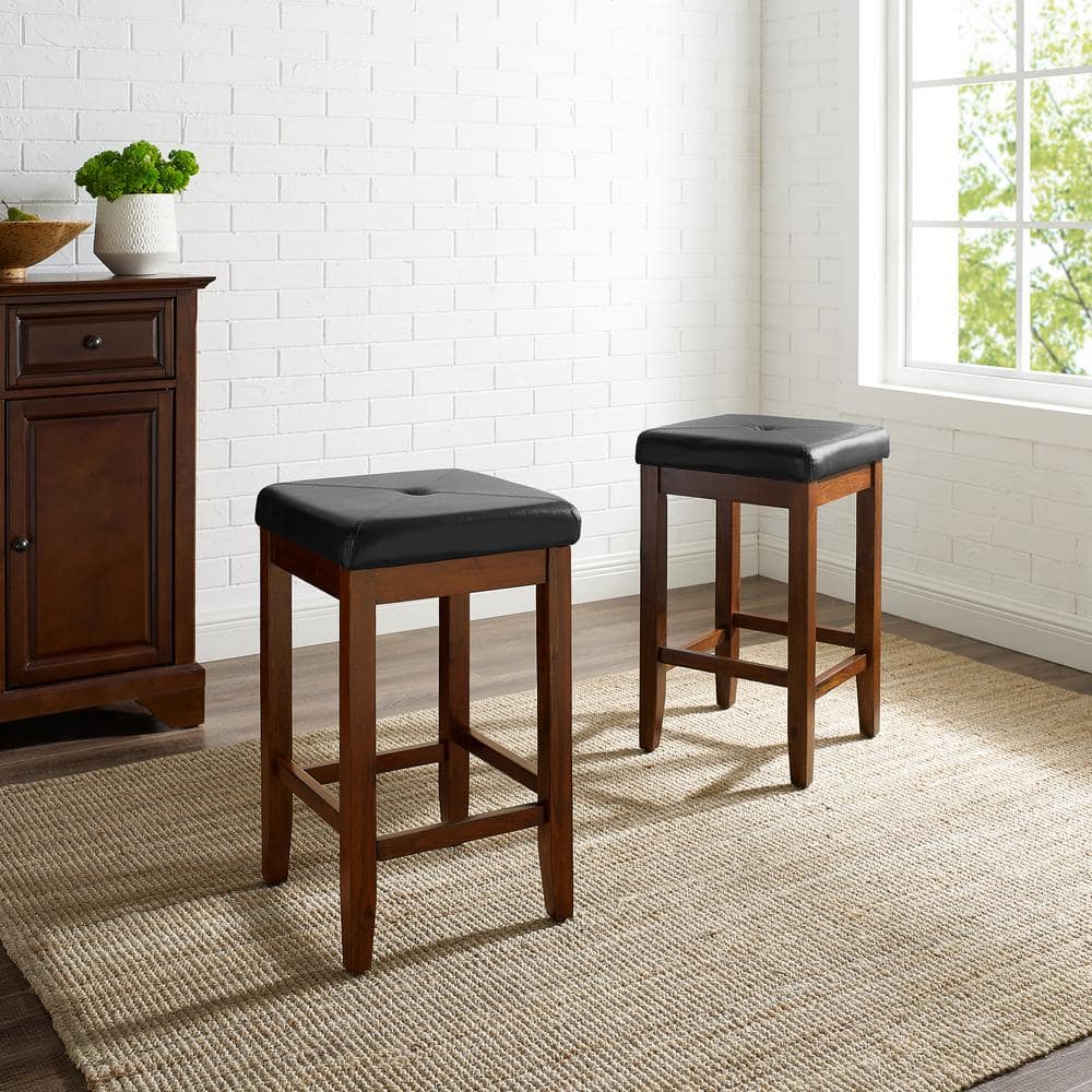 Vintage Mahogany 24" Backless Wood and Leather Counter Stools