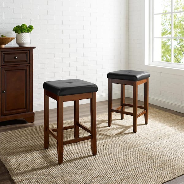 Crosley 24 in. Mahogany Upholstered Square Seat Bar Stool WIth Black Cushions (Set Of Two)