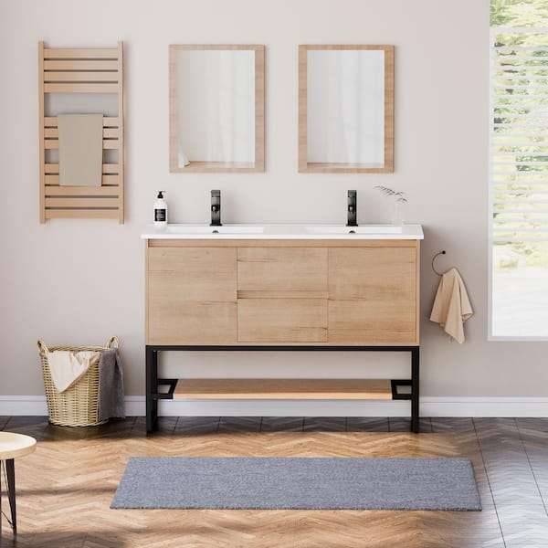 48 in. W x 18.1 in. D x 34 in. H Double Sink Freestanding Bath Vanity Cabinet in Natural with White Resin Top