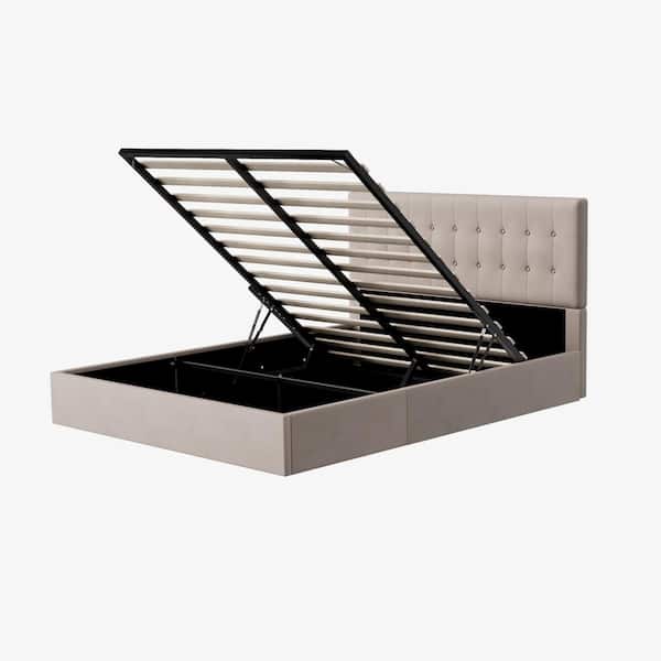 Light Khaki Beige Frame Queen Size Upholstered Platform Bed with Lift-up Storage Supported by Metal and Wooden Slats