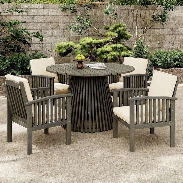 5-Piece Acacia Wood Outdoor Dining Set, Modern Club Chair Conversation Sets with Beige Cushion for Garden, Patio