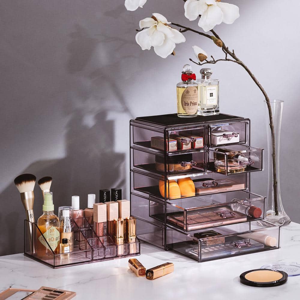 Purple Clear Acrylic Makeup Organizer with Drawers and Top Shelf