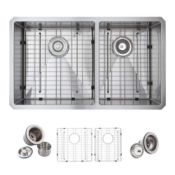Glacier Bay Professional 33 in. Undermount 60/40 Double Bowl 16 Gauge Stainless Steel Kitchen Sink with Accessories