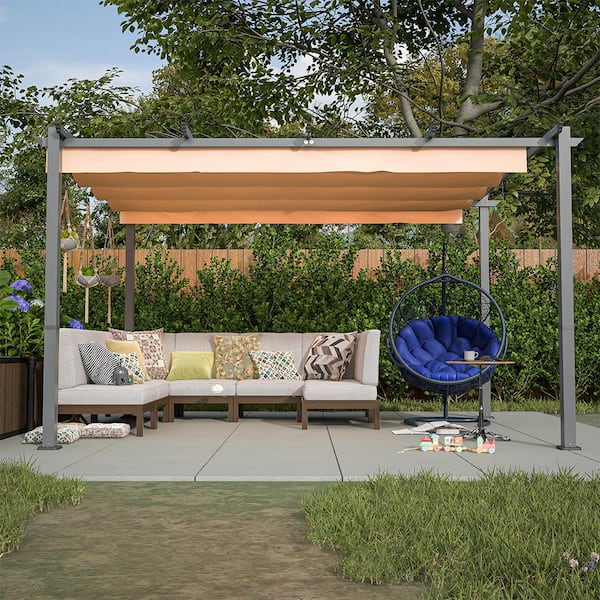 10 ft. x 13 ft. Khaki Aluminum Outdoor Gazebo, Patio Pergola Shade Shelter with Polyester Retractable Shade Canopy
