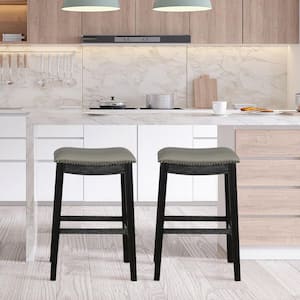 Saddle 29 in. Black Backless Wood Bar Stool Nailhead Kitchen Counter Chair Leather Seat (Set of 2)