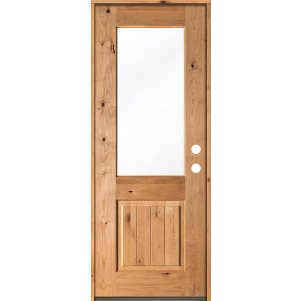 Krosswood Doors 32 in. x 96 in. Rustic Knotty Alder Wood Clear Low-E Half-Lite Clear Stain/V-Groove Left Hand Single Prehung Front Door