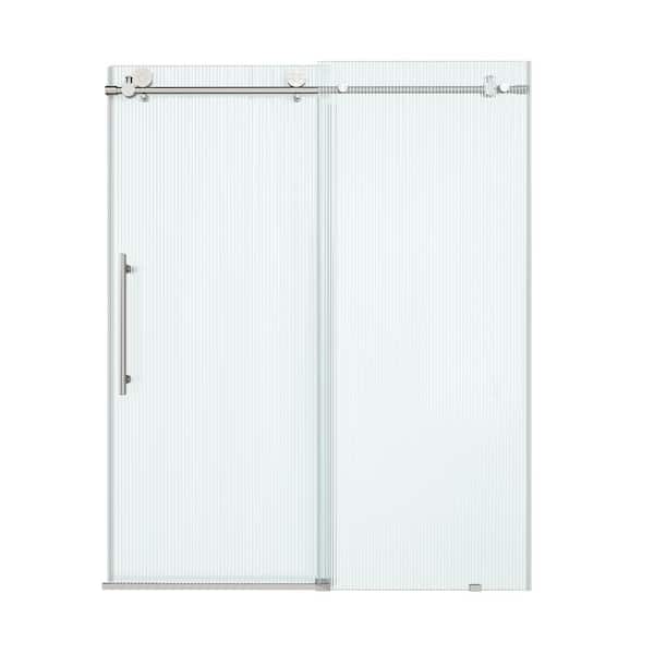 60 in. W x 76 in. H Framless Single Sliding Shower Door in Brushed Nickel with 3/8 in. (10mm) Fluted Glass