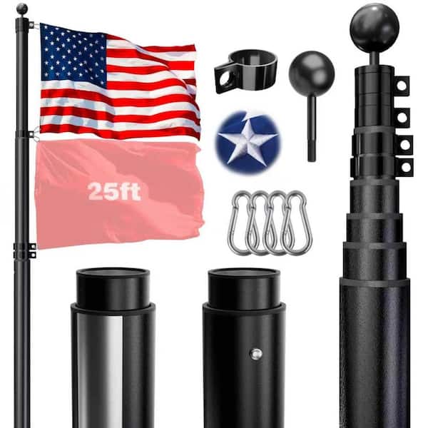25FT Telescoping Flag Pole Kit with 3x5 American Flag, Heavy Duty Aluminum In Ground Pole, Black, Holds 2 Flags