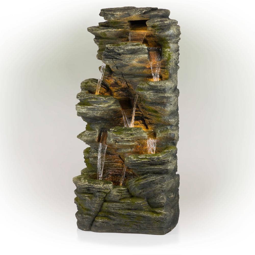 Alpine Cascading Rock Fountain with LED Light, 51" Tall