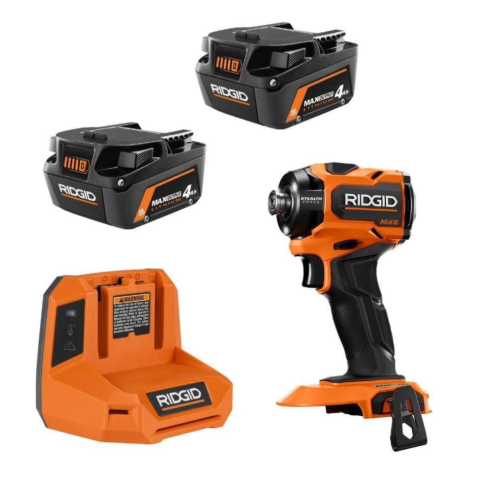 RIDGID 18V MAX Output Starter Kit w/ (2) 4.0 Ah Batteries & Charger w/ 18V NUKE SubCompact Brushless Stealth Force Pulse Driver (R8609340ID03)