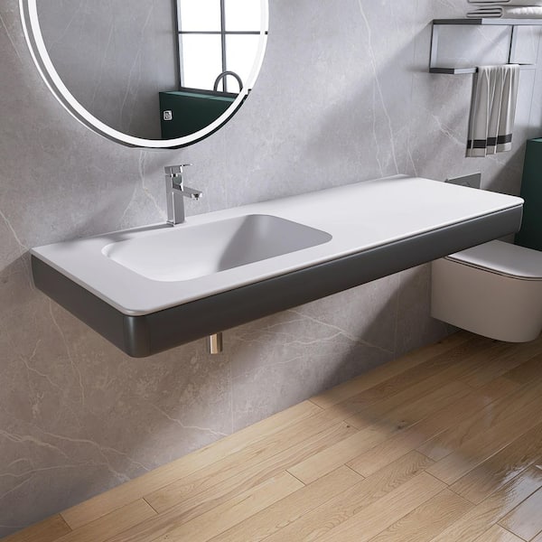 60 in. W x 22 in. D x 6 in. H Acrylic Bathroom Wall-Mount Sink in White with Faucet Hole, Motion Sensor Light