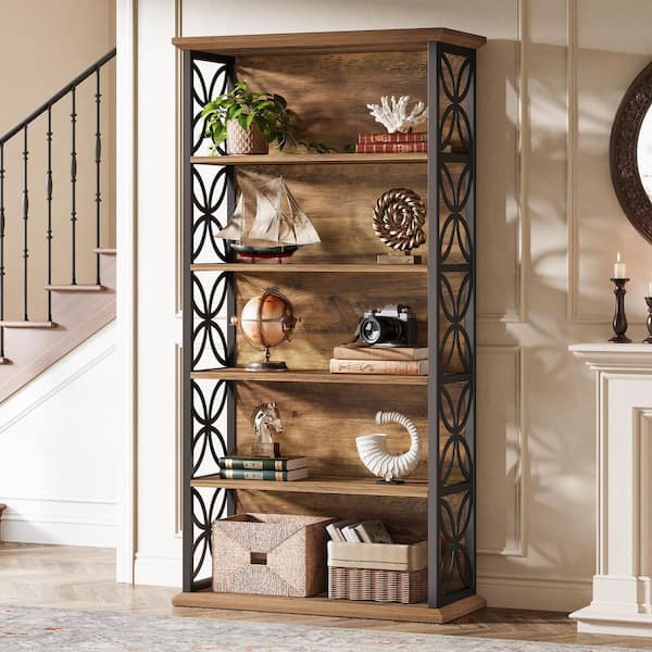 70.87 in. Tall Brown Wood 6-Shelf Standard Bookcase with Metal Frame