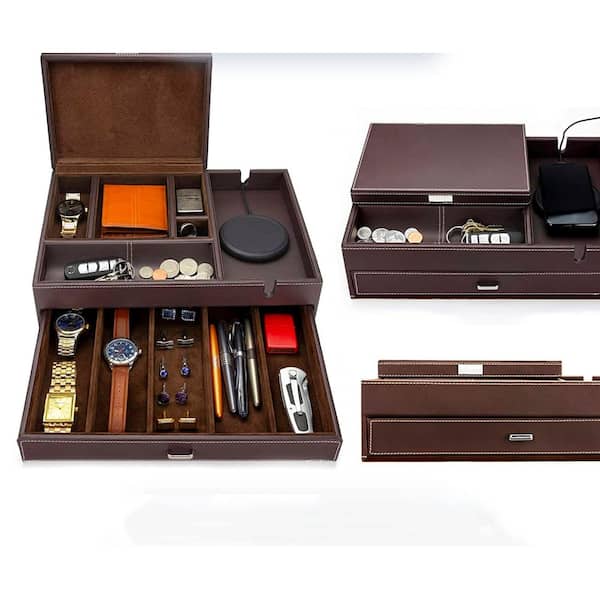 Men's Leather Watch Box Valet Tray, Bedside Organizer with Charging  Station, Brown, 13.75 in. x 10 in. x 4.4 in. WK0078 - The Home Depot