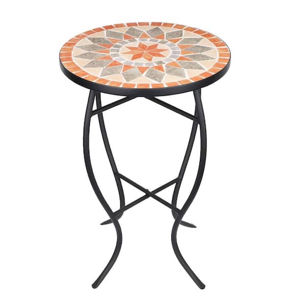 MOEPISY Mosaic Side Table, 21" Round End Table with 14" Ceramic Tile Top, Patio Accent Table Indoor and Outdoor End Table Orange