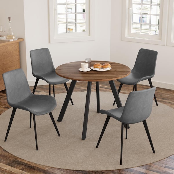 GOJANE 5-Piece 34.6 in. Modern Round Dining Table with 4-Dining Chairs(Walnut Table Plus 4-Grey Chairs)