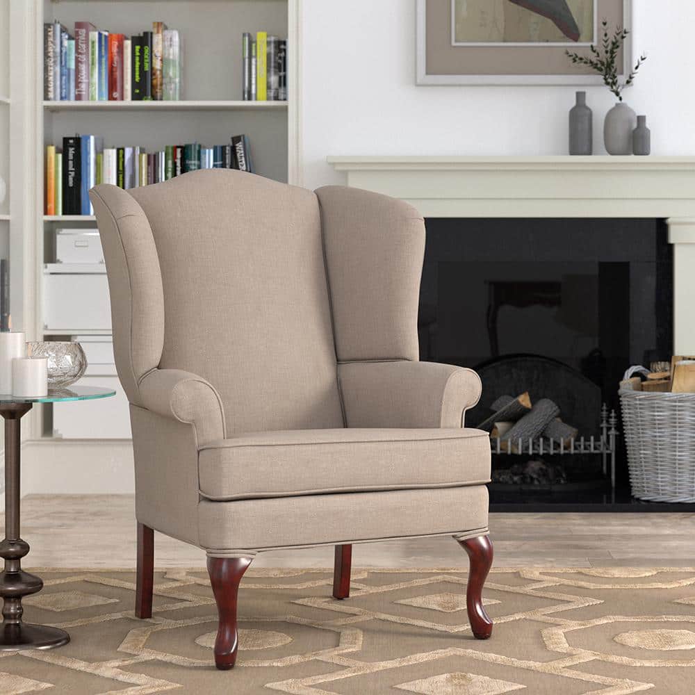 Handcrafted Beige Linen-Textured Traditional Wingback Chair