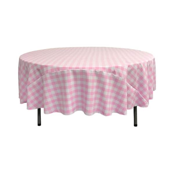 LA Linen 72 in. White and Pink Polyester Gingham Checkered Round Tablecloth