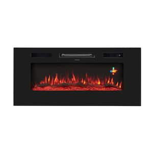40 in. Black Wall Mounted Electric Fireplace with 3 Colors, Temperature Touch Screen Remote Crystal Stones and Fake Wood