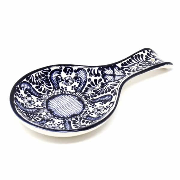 Global Crafts 1-Piece Blue Flower Mexican Pottery Ceramic Spoon Rest