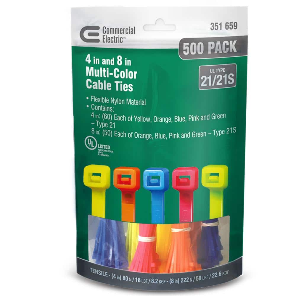 4in,  8in Standard UL 21S Rated Cable Zip Ties 500 COMBO Pack (Assorted Col