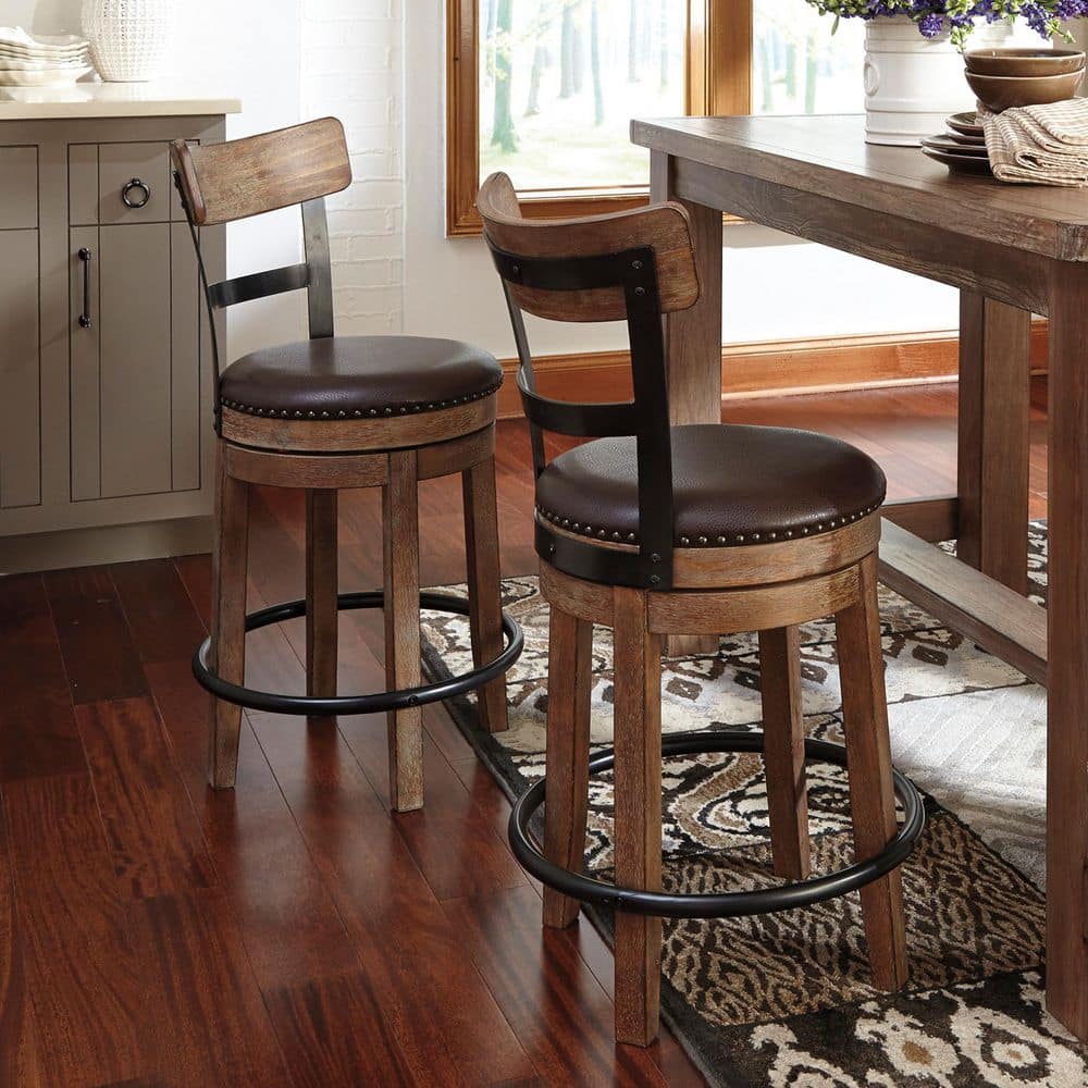 Pinnadel 24.25 in. Light Brown Counter Height High Back Wood Swivel Barstool with Faux Leather Seat