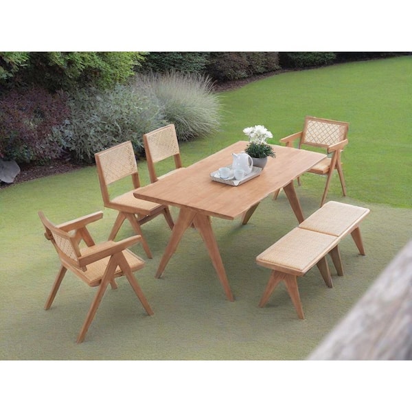 Sudzendf 6-Piece Synthetic Wood Outdoor Dining Set, Rattan Furniture Set for Garden, Backyard and Balcony, Natural Finish
