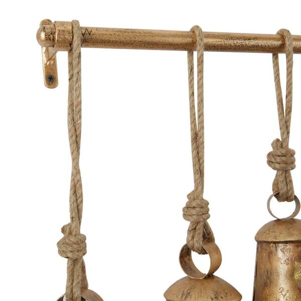 Litton Lane Bronze Metal Tibetan Inspired Narrow Cone Decorative Cow Bell  with Jute Hanging Rope and Rod 042593 - The Home Depot