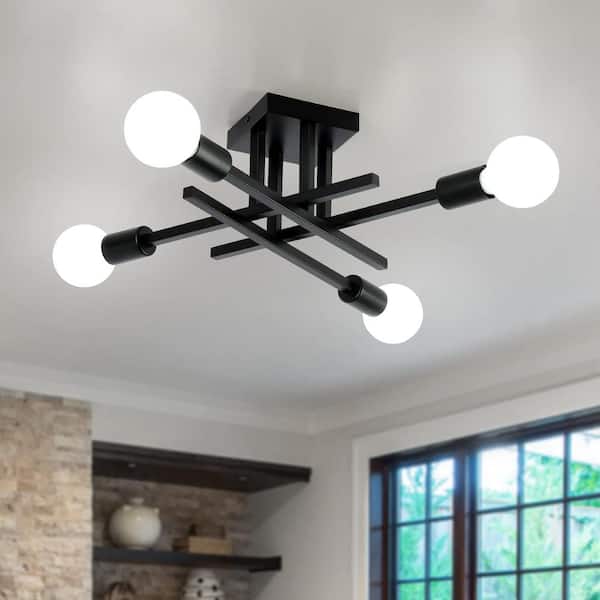LWYTJO 18.11 in. 4-Light Black Dimmable Sputnik Linear Chandelier Semi Flush Mount Chandelier for Living Dining Room Foyer