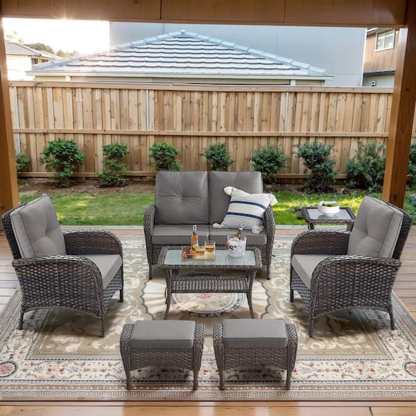 Opohoro Brown 7-Piece Wicker Patio Conversation Set with Armchairs, Outdoor Loveseat Seating Set with Gray Cushions