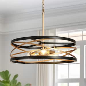 Transitional 3-Light Black and Dark Gold Island Chandelier with Open Drum Cage Shade Dining Room Pendant, LED Compatible