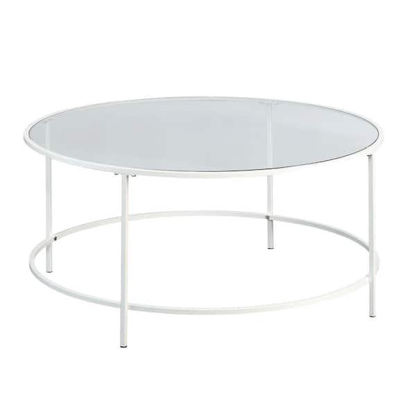 SAUDER Anda Norr 36 in. White/Clear Oval Tempered Glass Top Coffee Table with Shelf