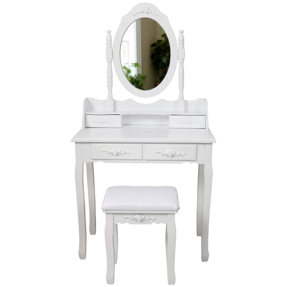 White Vanity Desk Set with Mirror&Cushioned Stool,4-Drawer Makeup Vanity Table for Girls' Bedroom,Dressing Table