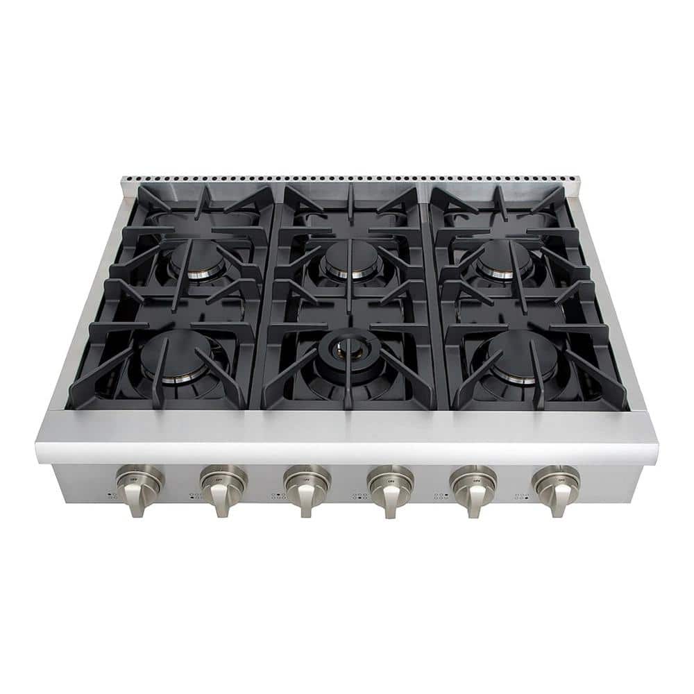 Thor Kitchen Pre-Converted Propane 36 in. Gas Cooktop in Stainless Steel with 6 Burners, Silver