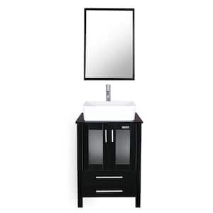 24 in. W x 20 in. D x 32 in. H Single Sink Bath Vanity in Black with Ceramic Vessel Sink Top Chrome Faucet and Mirror