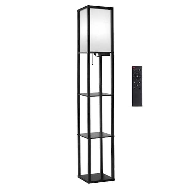 BICIK 63.7 in. Black Dimmable Column Floor Lamp with Display Shelves, Remote Control, 1 USB and 1 Type C Ports, 1 Power Outlet