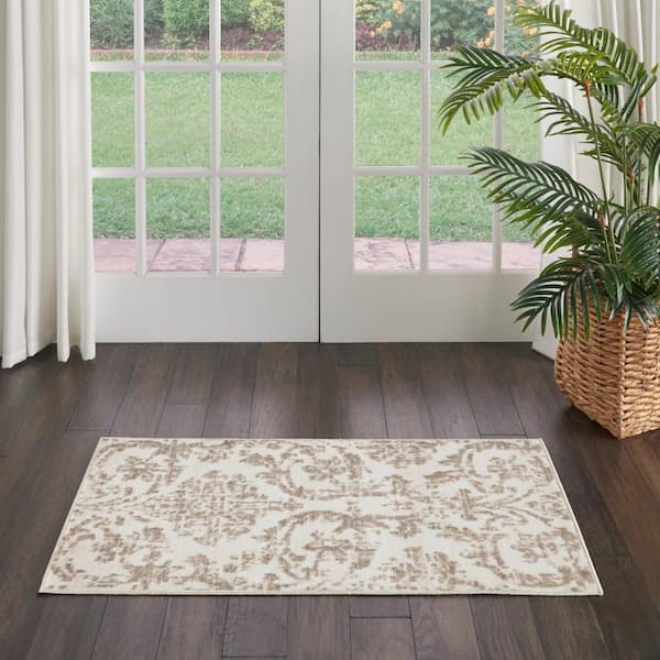 Jubilant Ivory Beige doormat 2 ft. x 4 ft. Damask Transitional Area Rug