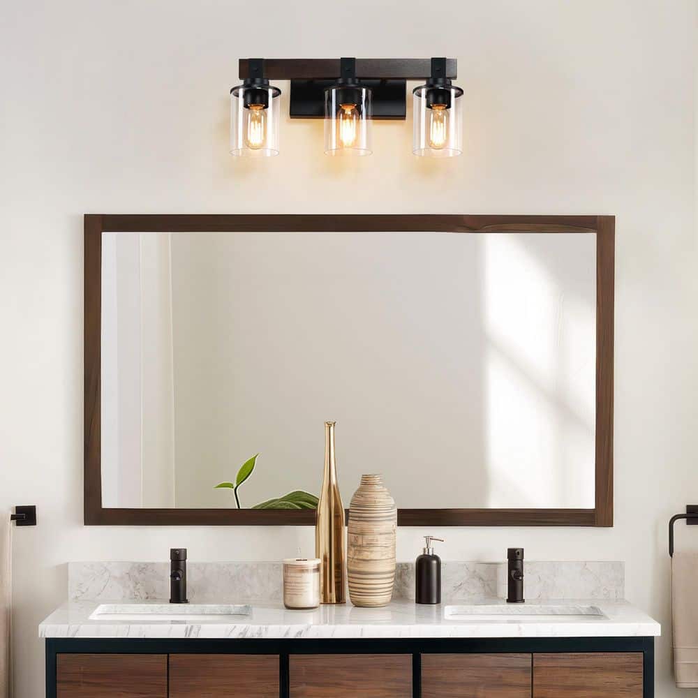 Modern Industrial 18.52 in. 3-Light Matte Black Oak Bathroom Vanity Light Wall Sconce with Clear Glass Shades price history on PriceWatchPro