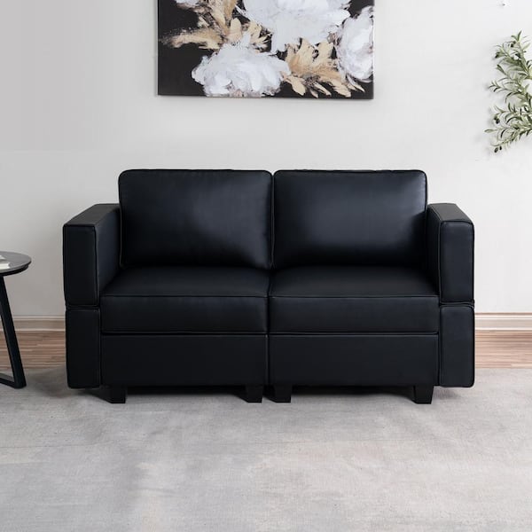 61.02 in. Square Arm 2-piece Faux Leather Loveseat Sectional Sofa in. Black with Streamlined Comfort