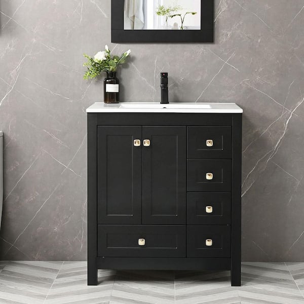 eclife 30 in. W x 18.3 in. D x 34 in. H Single Sink Bath Vanity in Black with White Ceramic Top and Drain Faucet Set