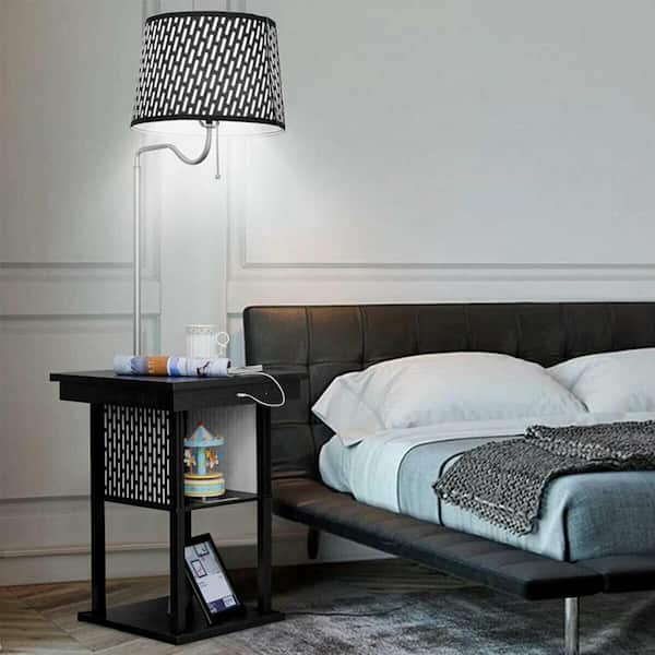 ANGELES HOME 24 in. H X 17.5 in. W X 17.5 in. D Black Nightstand Floor Lamp Bedside Desk with USB Charging Ports Shelves