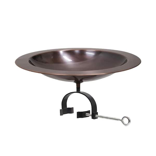 18 in. Dia Round Antique Finished Brass Classic Copper Birdbath w/Black Wrought Iron Over Rail Bracket